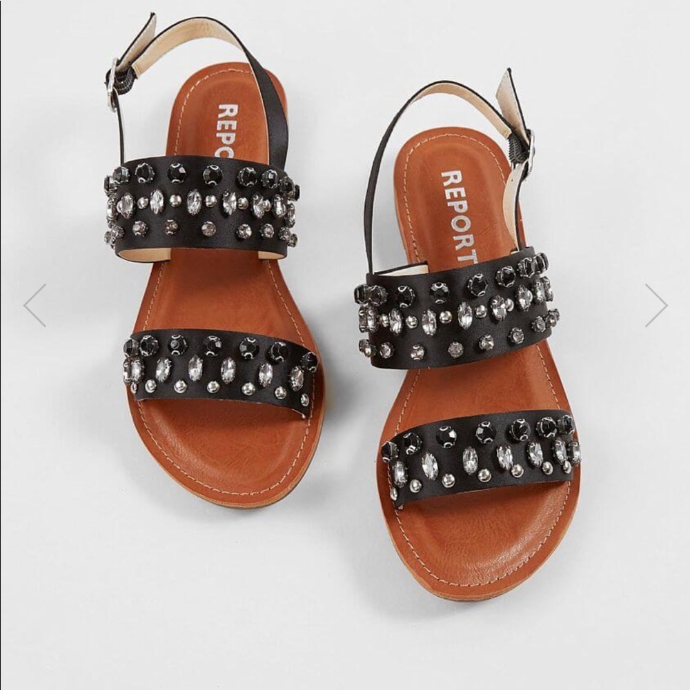 Double trap jeweled black sandals